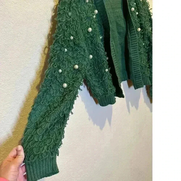 Mighty Fine Womens XL Loop Knit Green Pearl Cropped Cardigan Sweater Preppy‎ - Picture 3 of 10